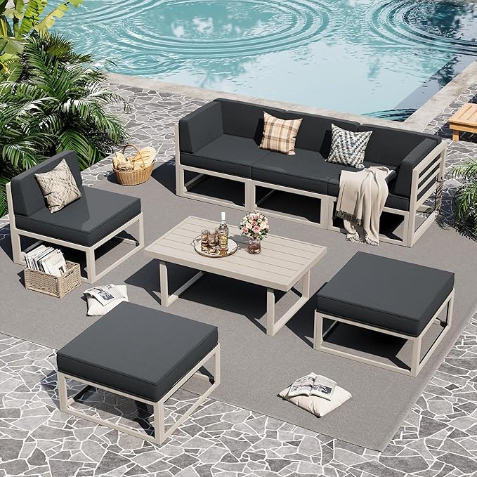 UDPATIO Aluminum Patio Furniture Set, Modular Oversized Outdoor Sectional of Olefin 5 inch Thick Cushion, Coffee Table and Waterproof Cover, Patio Conversation Sets for Porch, Deck