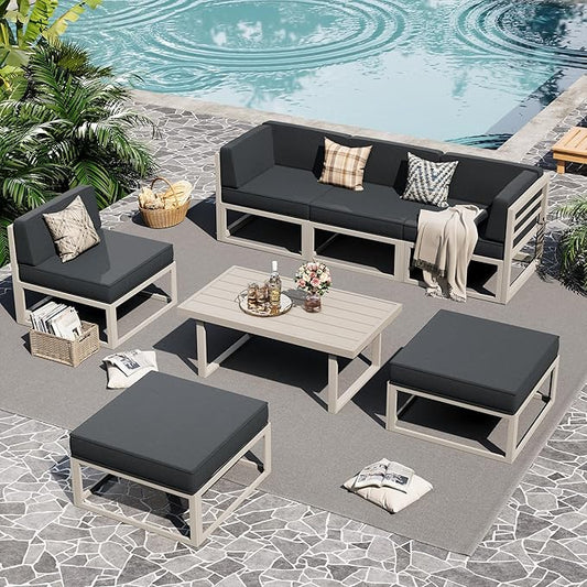 UDPATIO Aluminum Patio Furniture Set, Modular Oversized Outdoor Sectional of Olefin 5 inch Thick Cushion, Coffee Table and Waterproof Cover, Patio Conversation Sets for Porch, Deck