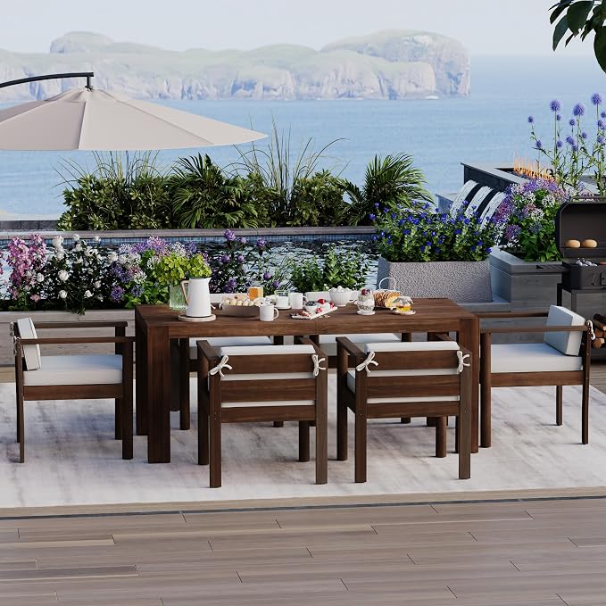 7-Piece Patio Dining Table Set for 6, Outdoor Furniture Sets with 70.8" Rectangle Table, Patio Table and Chairs Set with Removable Cushions for Backyard,Garden,Poolside (Mocha@24)