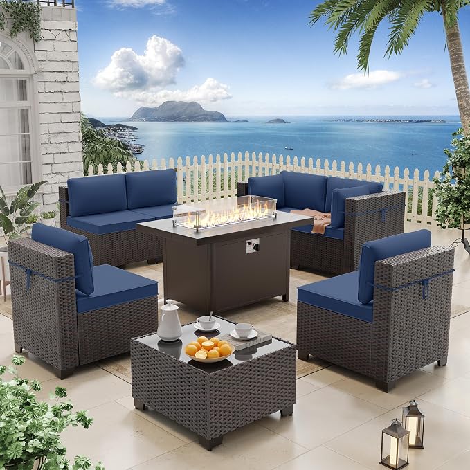 ALAULM 8 Pieces Patio Furniture Set with Aluminum Fire Pit Table Outdoor Furniture Sets 55000BTU Gas Fire Pit Brown PE Rattan Wicker Patio Conversation Sets w/6 Cushions-DarkBlue