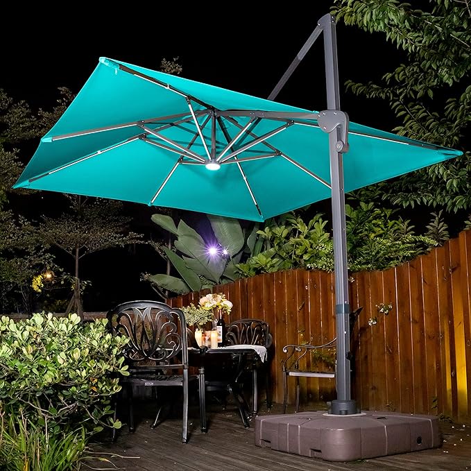 Sunnyglade 10x10ft Solar Powered LED Cantilever Patio Umbrella Square Deluxe Offset Umbrella 360°Rotation & Integrated Tilting System & LED lights for Market Garden Deck Pool Backyard Patio