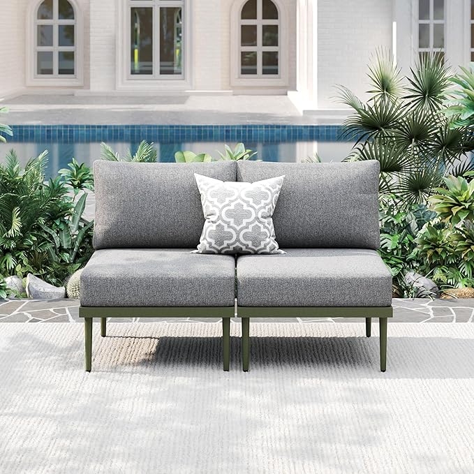 Metal Patio Furniture Set, 2 Pieces Outdoor Sectional Sofa Sets, 6" Thick Cushion Modular Outdoor Armless Loveseat for Balcony, Patio & Courtyard (Gray/Green)