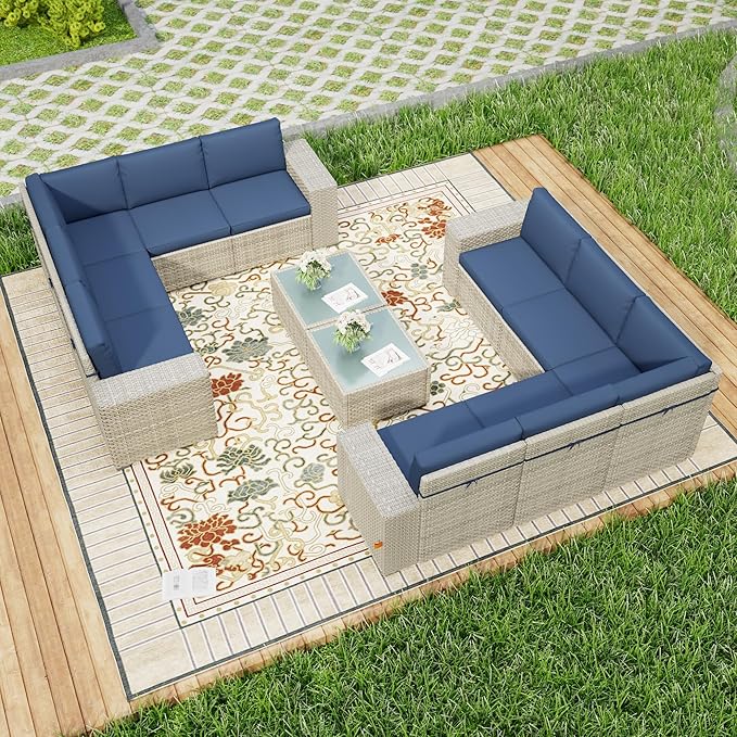 12 Piece Patio Furniture Set, 8" Wide Arm Sectional Sofa Set with Coffee Table, High-Back All-Weather Rattan Outdoor Conversation Set for Garden, Porch, Lawn, Blue