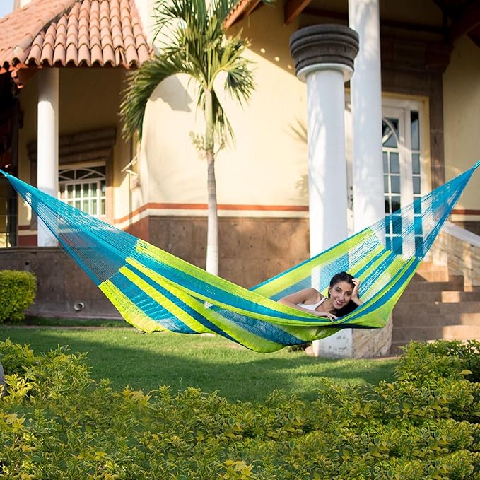 NOVICA Bright Yellow Turquoise Blue Striped Hand Woven Nylon Mayan 1 Person Rope Hammock with Hanging Accessories, 'Fluorescent Tropics' (Single)