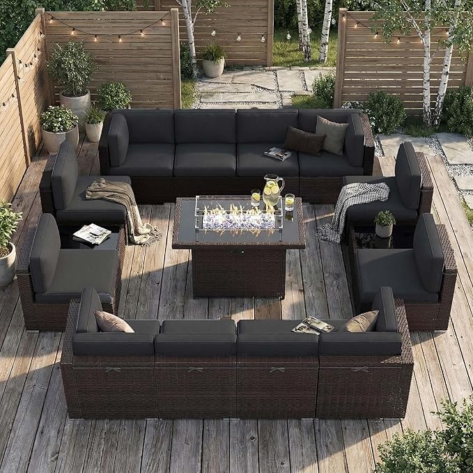 15 Pieces Patio Furniture Set with 44" Propane Gas Fire Pit Table, Outdoor Sectional Brown Rattan Wicker Conversation Sofa Sets with Coffee Table