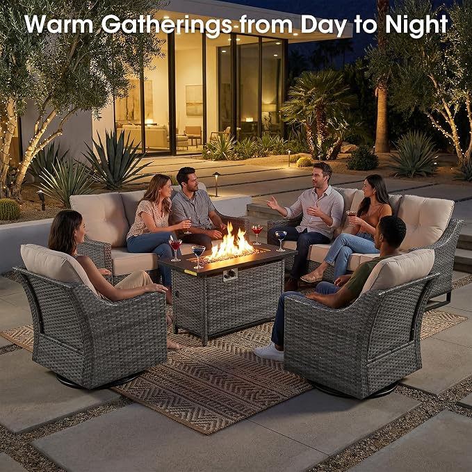 6 Piece Patio Furniture Set with Fire Pit, Grey Wicker Outdoor Conversation Set with 2 Swivel Rocker Chairs, Sofa, 2 Ottomans and Rectangular 60,000 BTU Fire Pit Table for Porch, Deck