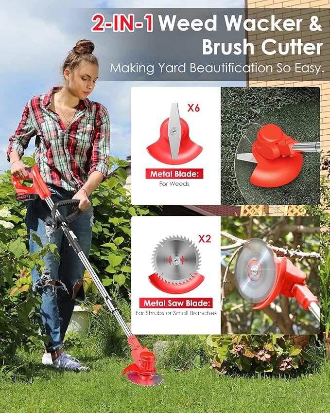 21V Cordless Weed Wacker Battery Operated, 2 X 2.0Ah Electric Weed Eater Battery Powered, Foldable 3-in-1 Weed Trimmer/Brush Cutter/Lawn Mower with 8 Blades (Stringless) & Removable Wheels