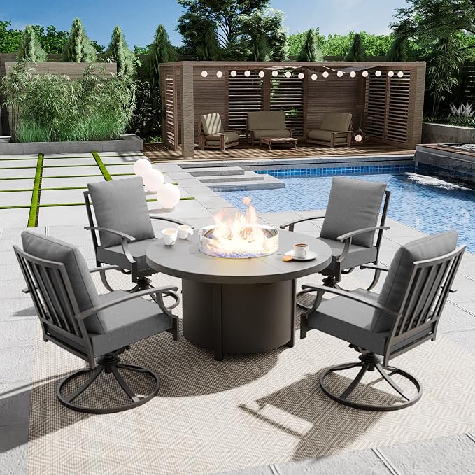 Kullavik 5 Piece Metal Outdoor Patio Furniture Set with Fire Pit Table,Outdoor Dining Table Set with 4 Swivel Chairs and 55000 BTU Outdoor Round Fire Pit,Grey