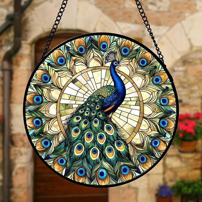 DASTOLL Stained Glass Window Hanging - Retro Peacock Decoration Suncatcher for Door Garden Home Bird Feather Sun Catchers Christmas Mother's Day Birthday Gifts for Women Men Mom Nana Friend 6.3 in