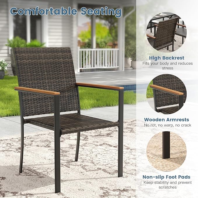 DIFY 9 Piece Patio Dining Set for 8, Wicker Stackable Patio Chairs & 53.1" Round Black Metal Dining Table with Umbrella Hole, All Weather Outdoor Table and Chairs Set for Deck Garden Backyard