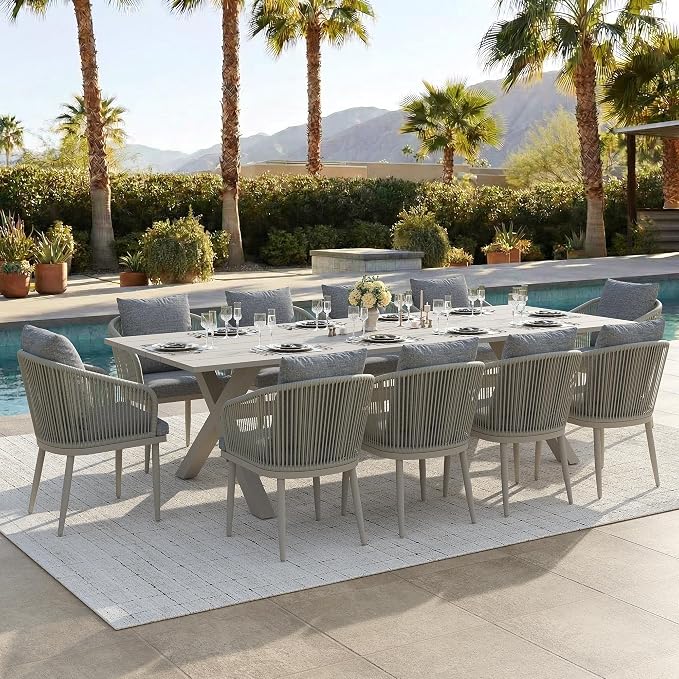 11-Piece Patio Dining Table Sets, Woven Wicker Dining Set with Rectangular Aluminum Table and Dining Chairs Modern Outdoor Dining Furniture Set for Outdoors and Indoors