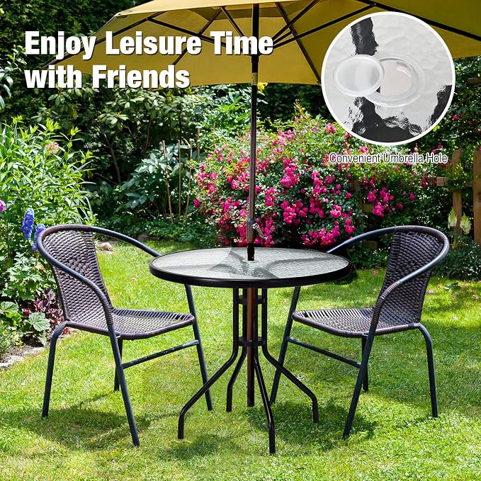 Goplus 32" Outdoor Round Patio Table with Umbrella Hole, All Weather Dining Table Tempered Glass Top, Bistro Table Coffee Table Furniture Commercial Party Event for Backyard Lawn Balcony Pool
