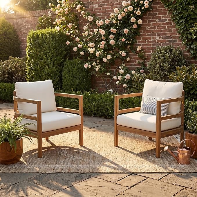 Merax Set of 2 Outdoor Acacia Wood Lounge Chair with Cushions, Solid Wood Patio Armchair, Modern Outdoor Accent Seating for Patio, Garden, Balcony, Deck, Porch, Beige + Light Brown