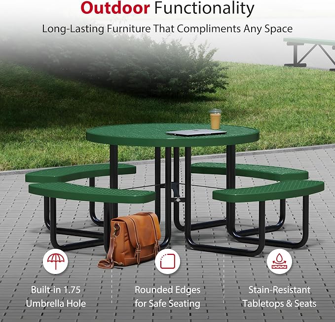 Leisure Craft Metal Picnic Table with Bench - 46" Round Outdoor Dining Table for 8 with Umbrella Hole, Weatherproof Heavy Duty Thermoplastic Coating, Commercial Grade Furniture Made in USA - Green