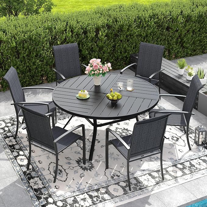 DIFY 7 Pieces Outdoor Dining Set, Metal Patio Table and Chairs Set for 6 with Umbrella Hole, 50" Round Dining Table and Textilene Stackable Patio Chairs for Garden Backyard Poolside, Black