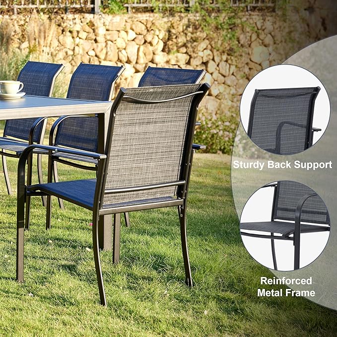 VICLLAX 7 Pieces Patio Outdoor Dining Set, 63" Outdoor Rectangular Metal Dining Table with Umbrella Hole and 6 Stackable Textilene Chairs for Lawn, Garden, Porch, Black/Grey