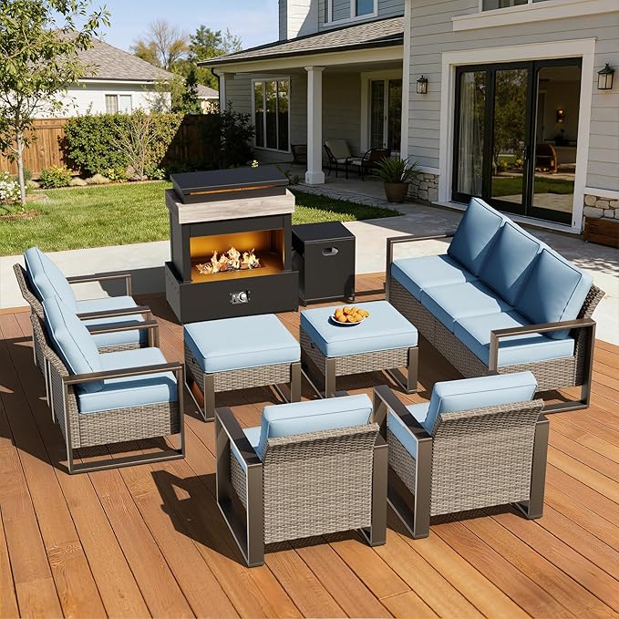 8 Pieces Metal Wicker Patio Furniture Set - 75" Sofa, Four Armchairs and Two Ottomans, One Fireplace All Weather Rattan Outdoor Conversation Furniture with Washable Cushion for Deck Porch, Baby Blue