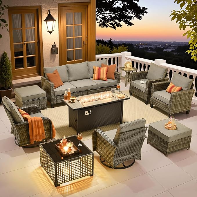 ovios 10 Pieces Patio Furniture Set, Outdoor Wicker Sofa Couch with Rocking Swivel Chairs Solar Light Table Fire Pit, Modern Deep Seat Rattan Conversation Sets, Dark Grey