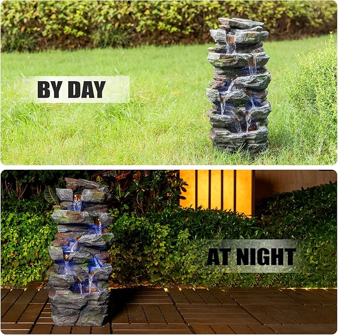 Rock Waterfall Outdoor Fountain with LED Lights Cascading Stone Garden Fountain for Patio Backyard Lawn Deck Resin Tiered Water Feature Outdoor Decor 23.6 Inch