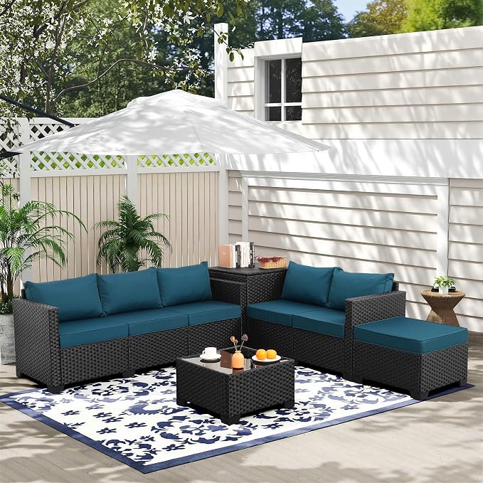 Valita Patio Furniture Set with Storage Box 5 Pieces Black Wicker Outdoor Couch Sectional with Glass Table and Non-Slip Cushions and Furniture Covers, Peacock Blue