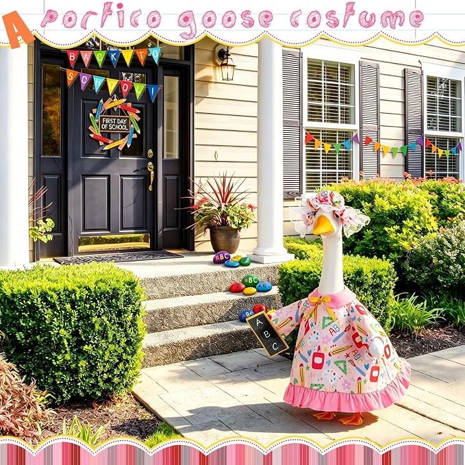 FuWeave Back to School Porch Goose Outfit Set for Plastic Statue Lawn Porch Goose Clothes with Schoolbag for Patio Decor