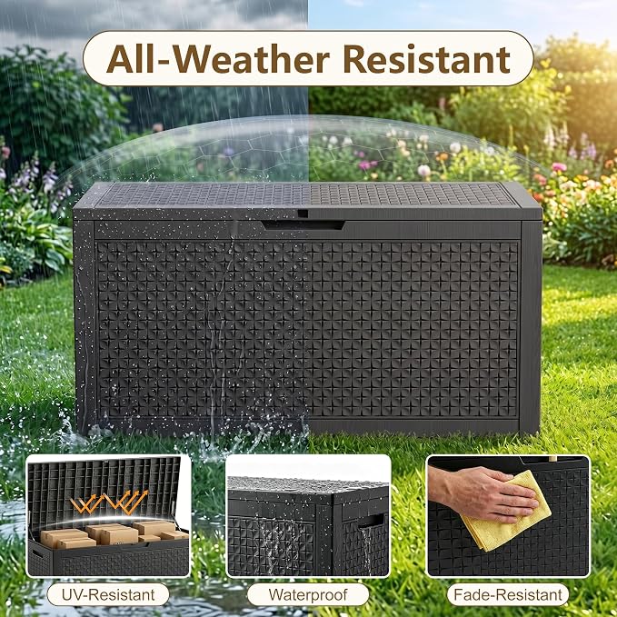140 Gallon Outdoor Storage Box, Large Resin Deck Box, Waterproof Lockable Storage Container, Storage Bins with Lids for Patio furniture, Garden Tools, Black