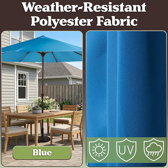 Pure Garden 9FT Round Patio Umbrella with 19lb Weighted Base - Easy Crank, Vented Canopy Outdoor Umbrella for Shade - For Deck, Balcony, Porch, Backyard, or Pool (Blue)