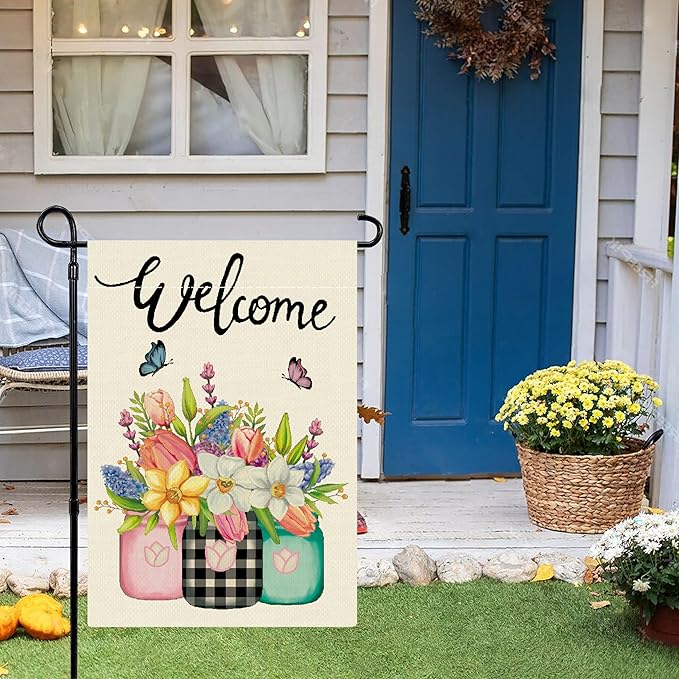 Spring Garden Flag 12x18 Inch Double Sided Floral Mason Jar Seasonal Welcome Yard Outdoor Flag