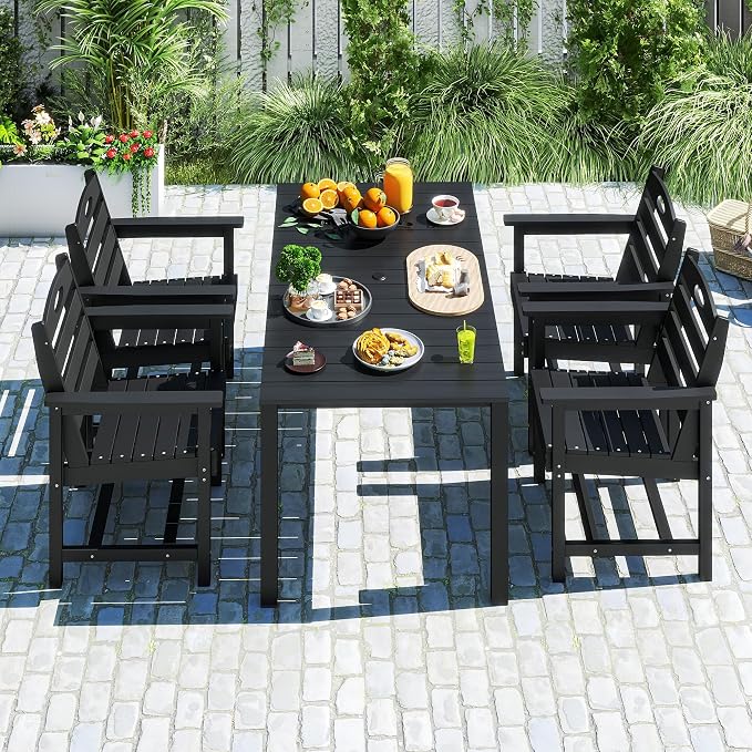 Domi HDPE Outdoor Dining Set, All-Weather 5 Piece Outdoor Dining Table Set with 2" Umbrella Hole, Outdoor Patio Dining Set for Garden, Poolside, Backyard, Deck, Black