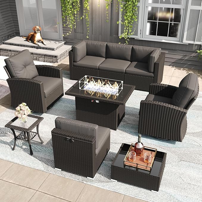 LayinSun 9 Pieces Patio Furniture Set with Fire Pit Table, Black Rattan Modular Sectional Outdoor Conversation Sofa Set, Swivel Rocking Chairs Set