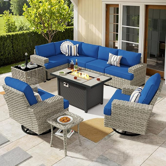 Weaxty 10 Pieces Outdoor Patio Furniture Set with Swivel Rocking Chair, Outdoor Sectional Sofa Couch Wicker Modular Patio Conversation Set w/42 Fire Pit and Coffee Side Table,Navy Blue