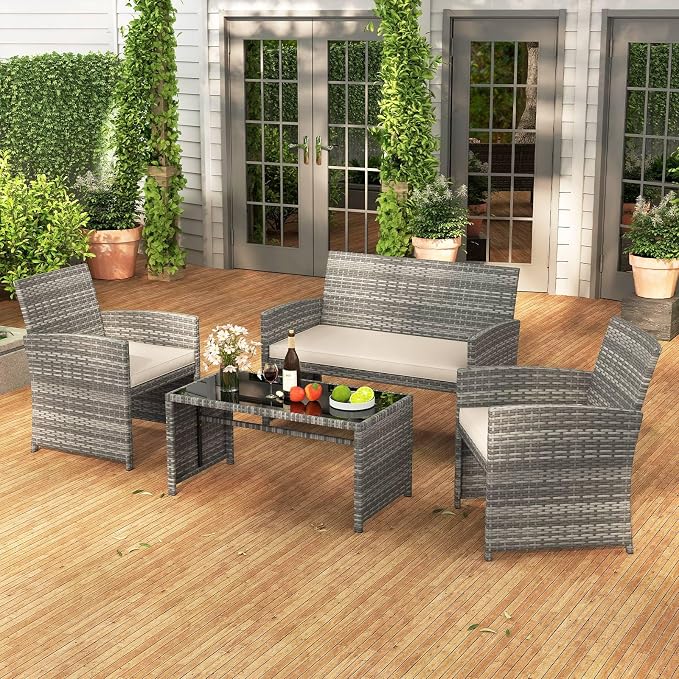 RELAX4LIFE 4-Piece Patio Furniture Set - Wicker Rattan Outdoor Sectional Sofa Set w/Glass Coffee Table, Loveseat, 2 Chairs & Soft Cushions, Bistro Conversation for Garden Porch (1, Grey-Off White)