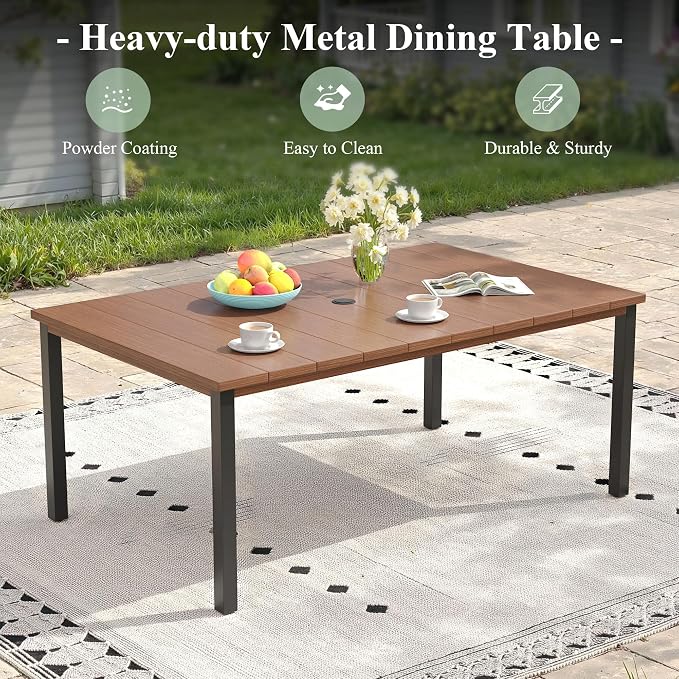 Patio Dining Set for 6, 63" Outdoor Dining Table and Chairs Set with Stackable Patio Chairs Outdoor Furniture for Garden Deck Backyard, Walnut Table and Black Chairs