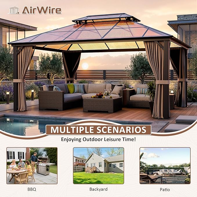 AirWire 12'x16' Hardtop Gazebo, Outdoor Polycarbonate Roof Canopy, Aluminum Frame Permanent Pavilion with Curtains and Netting, Sunshade for Garden, Patio, Lawns