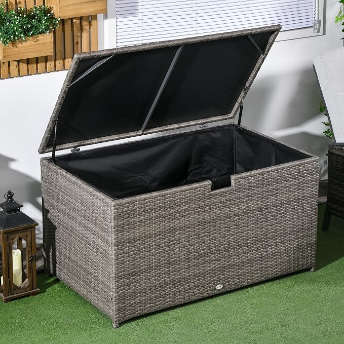 GOWE 113 Gallon Deck Box, Rattan Outdoor Storage Box, Waterproof Storage Container for Indoor, Patio Furniture Cushions, Pool Toys, Garden Tools, Gray
