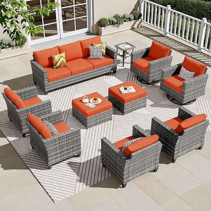 ovios 10 Pieces Patio Furniture Set, Outdoor Wicker Sofa with Rocking Swivel Chairs, Glider Chairs Rattan Couch with Comfy Cushions All Weather Conversation Set, Orange Red
