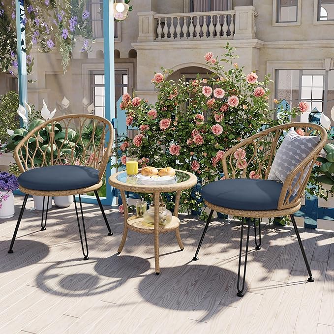 Montary 3 - Piece Outdoor Leisure Set,2 Stylish Hand - Woven Rattan Single Chairs & a Sturdy Tempered Glass Round Table - Ideal for Relaxing on Balconies and Courtyards,Natural & Blue
