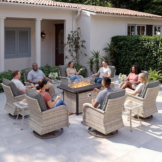 13Pcs Patio Rocking Swivel Chair with 55,000 BTU Fire Pit Table Outdoor Wicker Rattan Bistro Set with Tempered Glass Side Table, Outdoor Patio Furniture Set for Garden and Balcony, Grey