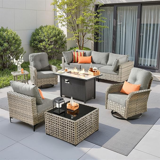 9 Pieces Outdoor Sectional Patio Furniture Set with 42" Fire Pit,Conversation Sets Rattan Wicker L Shaped Couch Swivel Rocking Chairs,Modular Outdoor Sofa for Porch Balcony Backyard Dark Grey