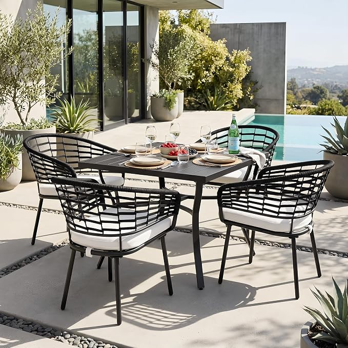 NUU GARDEN 5-Piece Patio Dining Set, 4 Woven Rope Chairs with Beige Cushions, Square Table with Slatted Tabletop and Umbrella Hole, Patio Table and Chair Set for Garden and Poolside, Black