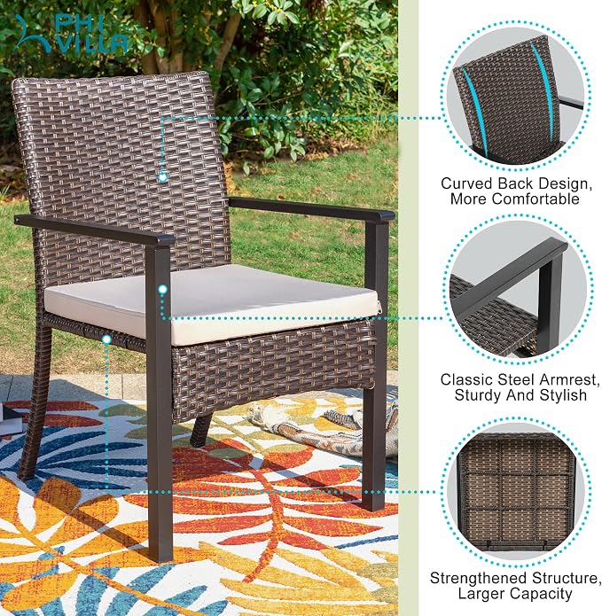 PHI VILLA 9 Pieces Patio Dining Set for 8, 57” Wood-Like Large Square Metal Steel Dining Table & Rattan Wicker Chairs with Cushions, Outdoor Dining Furniture for Deck, Yard, Porch