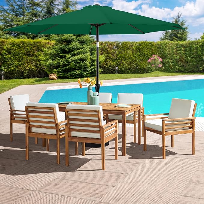 Alaterre Furniture Okemo 8 Piece Outdoor Dining Set with Umbrella - Solid Acacia Wood Outdoor Furniture Set with 63” Patio Table, 6 Patio Chairs, and 10ft Hunter Green Umbrella
