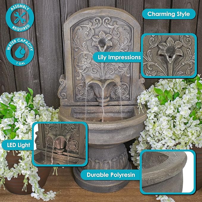 Sunnydaze 37.5" H Lovely Lily Polyresin Wall Standing Fountain - Flat Back Pedestal Fountain for the Patio, Deck, or Yard
