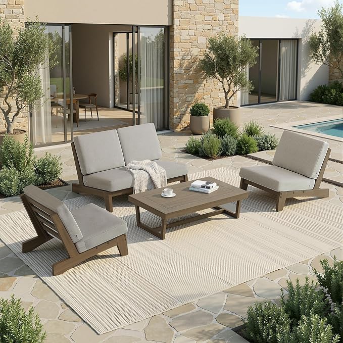 UIXE All Weather Patio Furniture Sets, 4 Pieces Teak Wood Outdoor Sectional Futniture Patio Sofa Chair Backyard Conversation Set with Solid Wooden Coffee Table - Light Camel