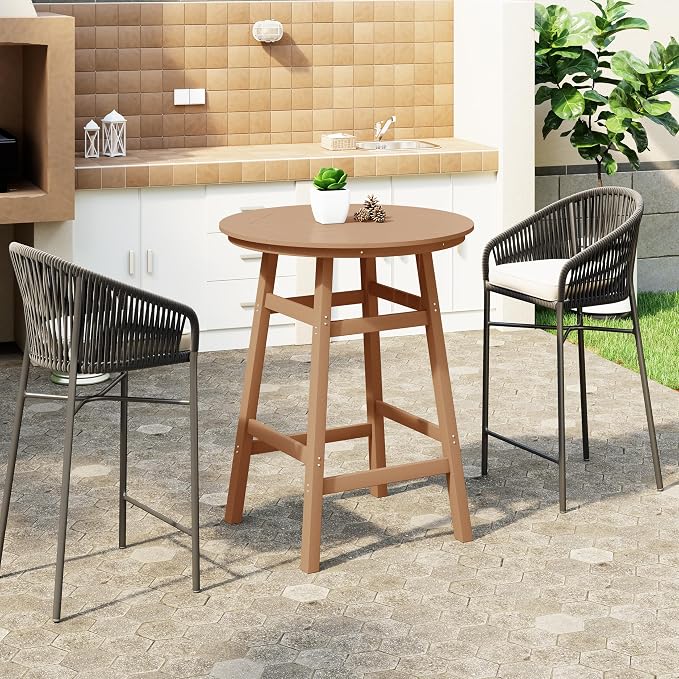 WestinTrends Malibu Outdoor 35" HDPE Round Patio Bar Height Table, Teak