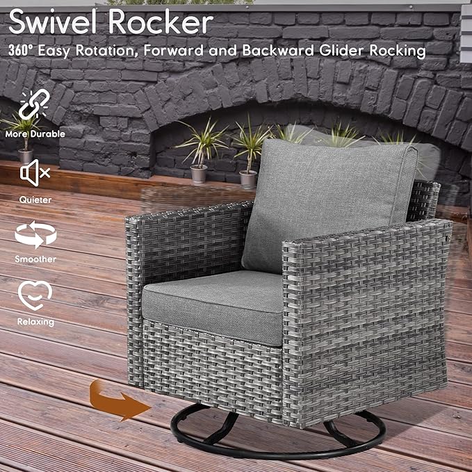 HOOOWOOO 10 Piece Patio Sectional Furniture Set with Swivel Rocking Chairs,Modern Wicker Outdoor Conversation Sofa Sets,Weather Resistant Modular L Shaped Outside Couch Set(Charcoal Grey)