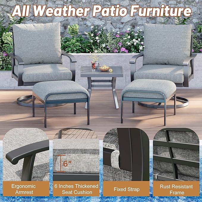HOMREST Outdoor Swivel Rocker Patio Chairs with Ottomans and Coffee Table 5 PCS Bistro Set, 360 Degree Swivel Rocking Chair Patio Conversation Set with Thickened Cushions for Garden, Deck and Poolside