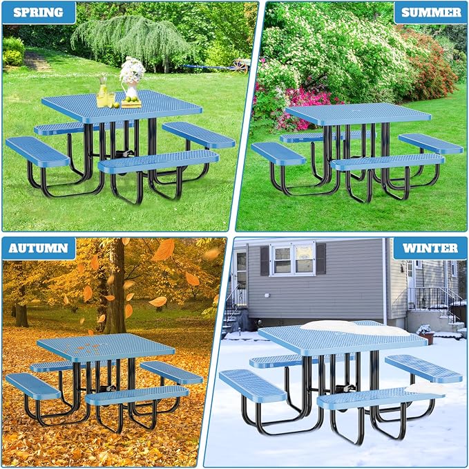 46IN Square Outdoor Picnic Table with Attached Seats, Heavy-Duty Metal Expanded Mesh Patio Table, 1600LBS Load Capacity Commercial-Grade Table for Park, Backyard, Deck, Blue