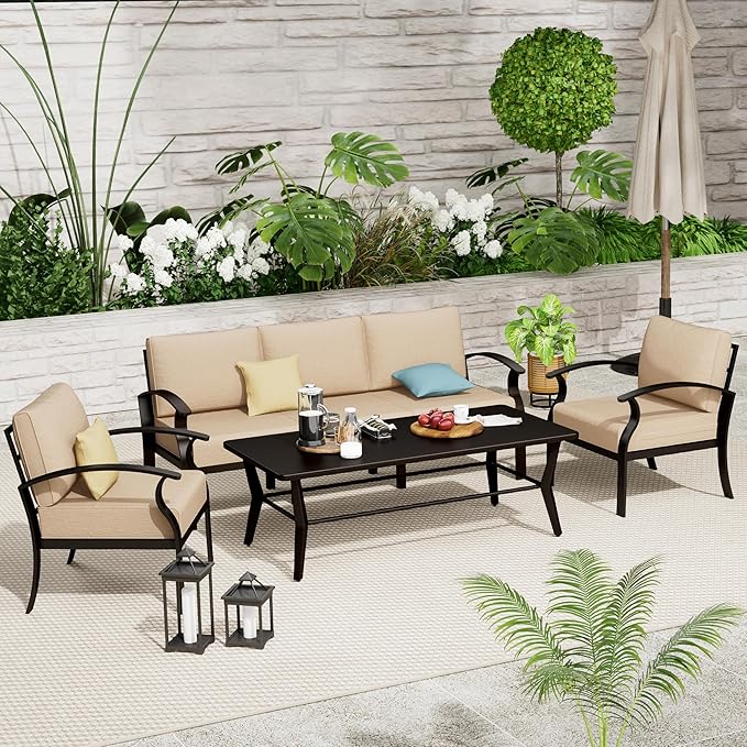 Aluminum Outdoor Patio Conversation Furniture Set,5 Seats Metal Modern Outdoor Furniture with Coffee Table & Washable 5.1" Thick Cushions,Patio Sectional for Backyard,Patio,Sand