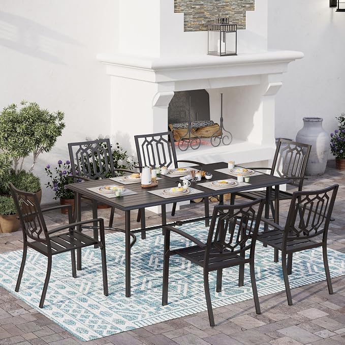 SUNSHINE VALLEY 7 Piece Patio Dining Set for 6, 67x38 Wood-Like Metal Table with Umbrella Hole and 6 Pcs Rust-Proof Stackable Chairs, Outdoor Table and Chairs Set for Backyard Garden Deck (Style 3)